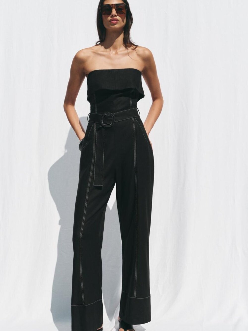 ZARA Black Linen Strapless Jumpsuit – Belted, Straight Leg, EU Linen Size Large